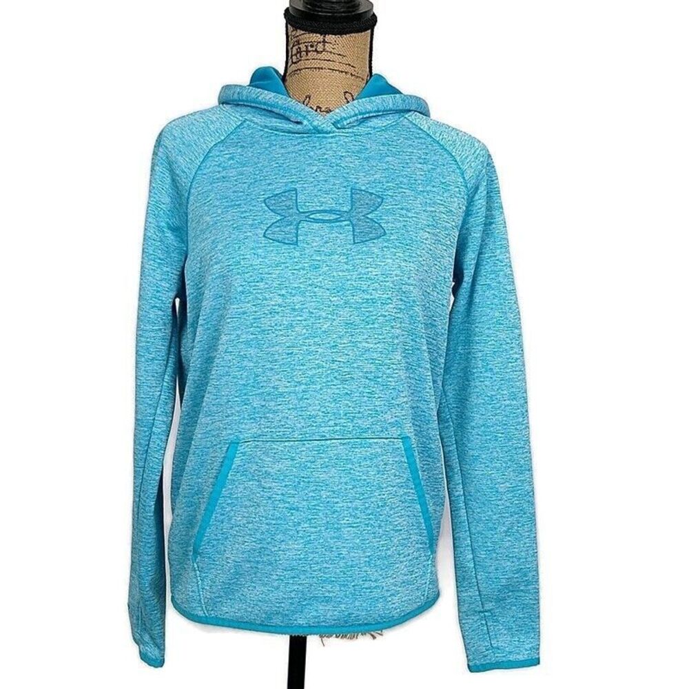 💥5/$25 Under Armour sz S Hoodie Solid Blue Logo Loose Fit Hooded Long Sleeve